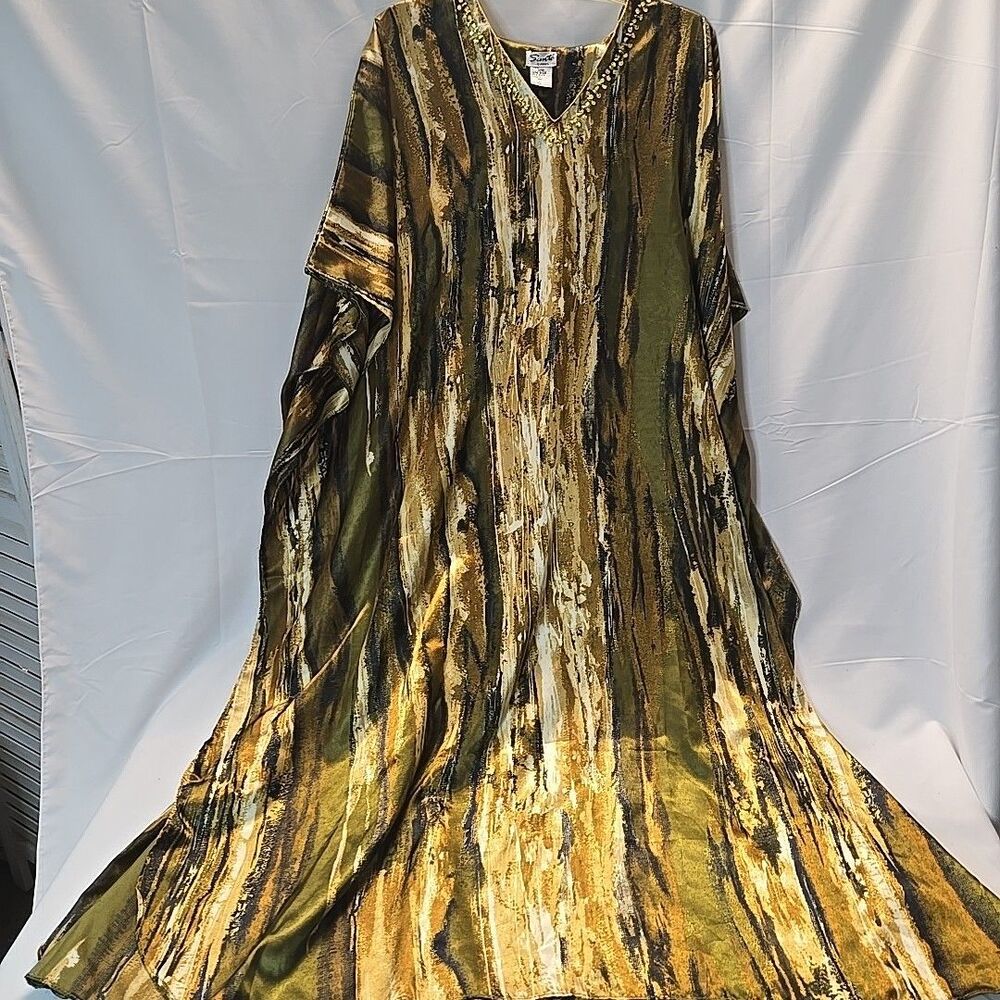 Sante Classics Kaftan Maxi Dress Womens Green One Size Beaded Luxury Loungewear